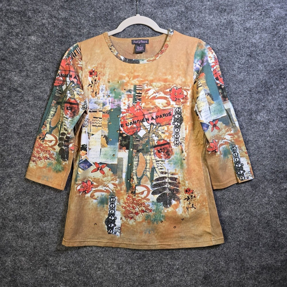 Vtg French Postcards T Shirt Women S Orange Green Collage Paris Travel Crew Neck